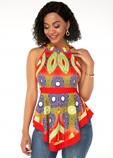 Modlily Sleeveless Orange Red Tribal Print T Shirt - M