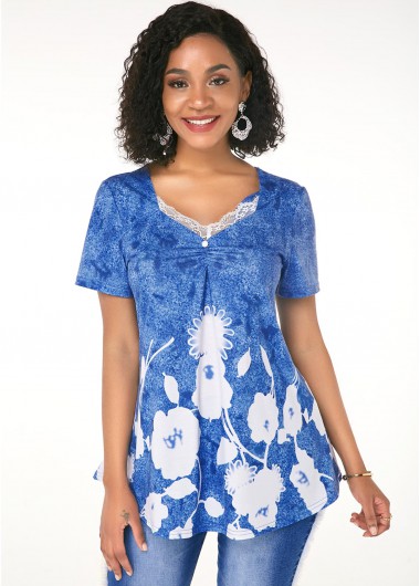 Modlily Printed Short Sleeve Lace Trim T Shirt - XS