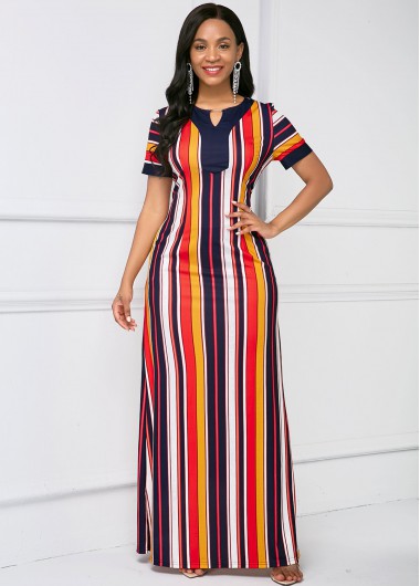 Stripe Print Short Sleeve Keyhole Neckline Maxi Dress - L