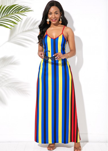Modlily Multi Stripe Spaghetti Strap Side Pocket Maxi Dress - S