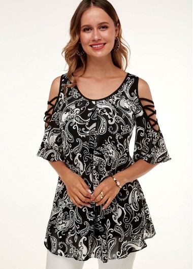 Modlily A Line Printed Cold Shoulder Flare Sleeve T Shirt - XS