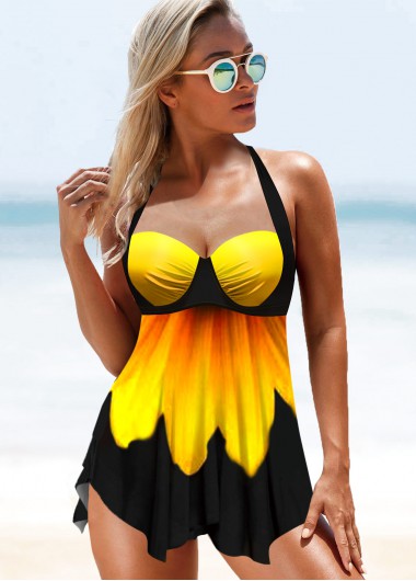 Modlily Halter Daisy Print Wide Strap Swimdress and Panty - XS