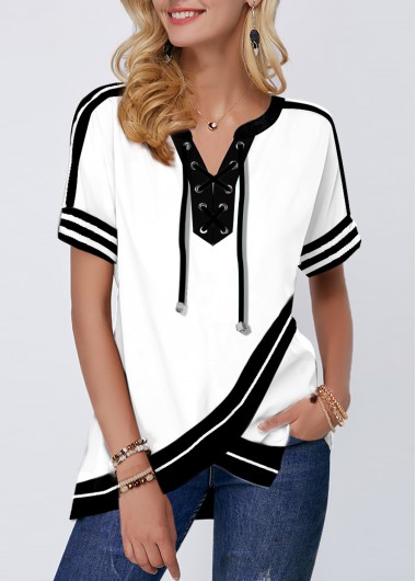 Modlily Crossover Hem Lace Up Color Block Short Sleeve Blouse - XS