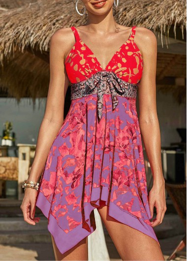 Modlily Asymmetric Hem Spaghetti Strap Printed Swimdress and Shorts - L