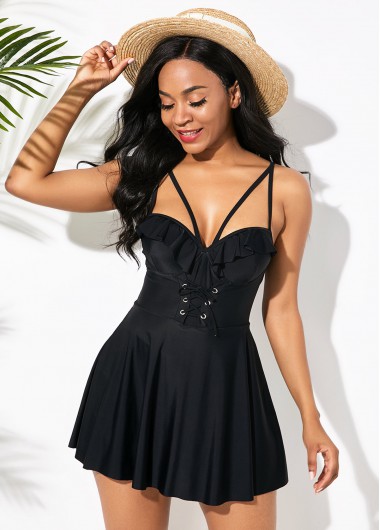women clothes image of Lace Up Ruffle Hem Black Swimdress and Shorts