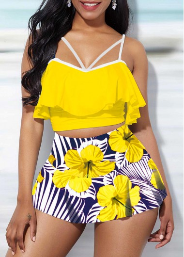 Modlily Ruffle Overlay High Waisted Floral Print Bikini Set - XL