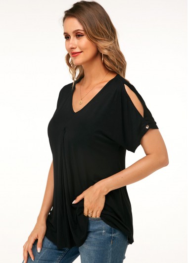 Modlily Black Casual V Neck Cold Shoulder T Shirt - XS
