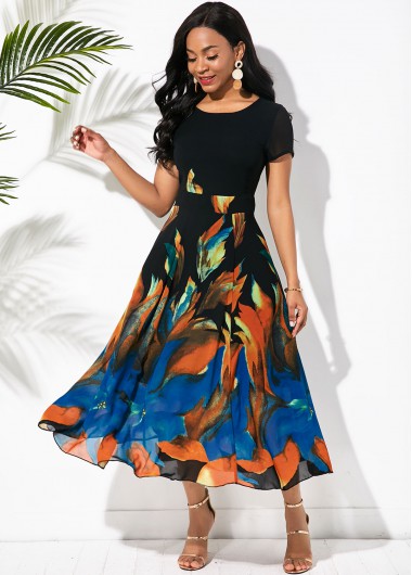 Printed Round Neck Short Sleeve Swing Dress - L