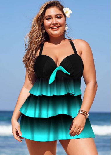 Modlily Plus Size Gradient Layered Hem Swimdress and Panty - 2X