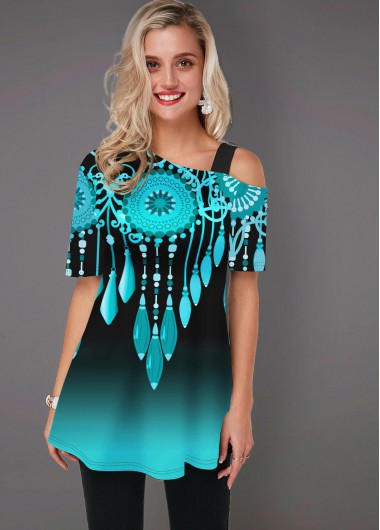 Modlily Tribal Print Short Sleeve Gradient T Shirt - S