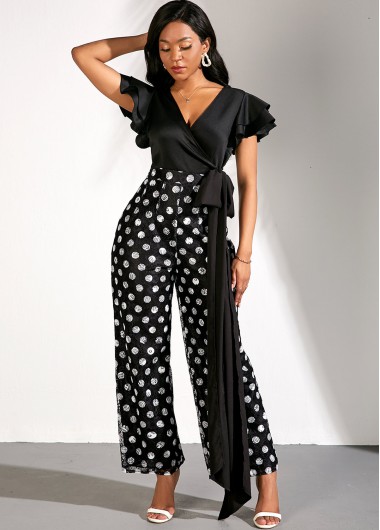 Flare Sleeve Bowknot V Neck Lace Polka Dot Print Jumpsuit - L