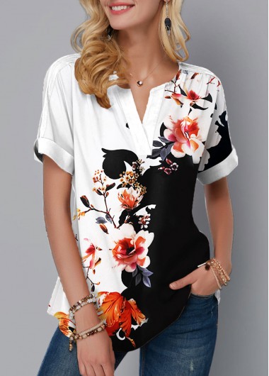 Modlily Floral Print Split Neck Short Sleeve Blouse - S