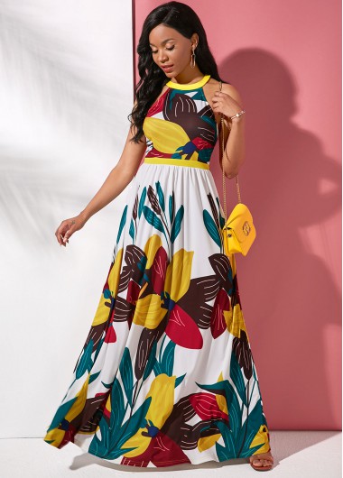 Large Floral Print Sleeveless Maxi Dress - L