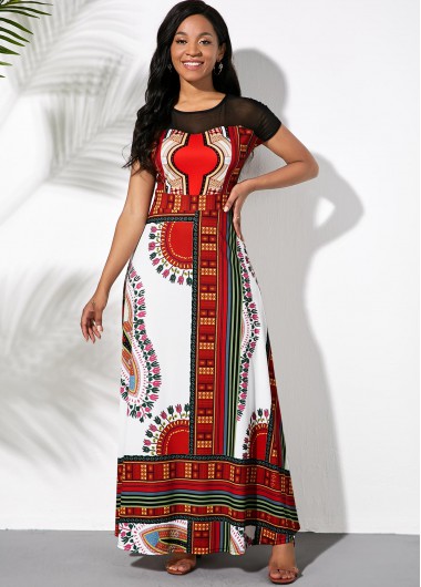 Tribal Print Short Sleeve Maxi Dress - L