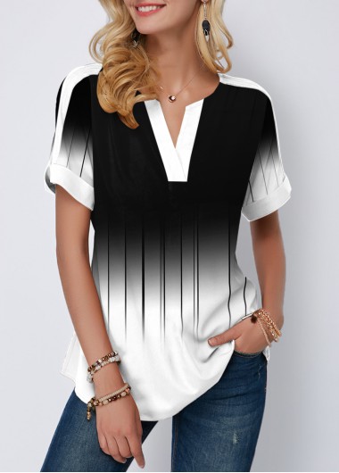 Modlily Color Block Short Sleeve Printed Blouse - S