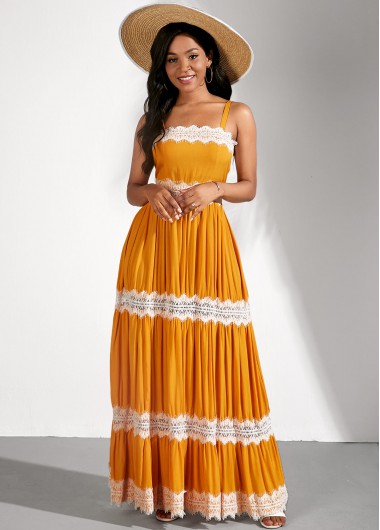 Sleeveless Lace Stitching Spaghetti Strap Yellow Dress - M