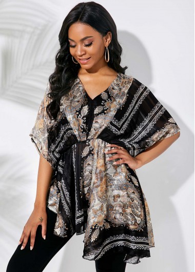 Modlily Tribal Print V Neck Multi Color Asymmetric Hem Blouse - XS