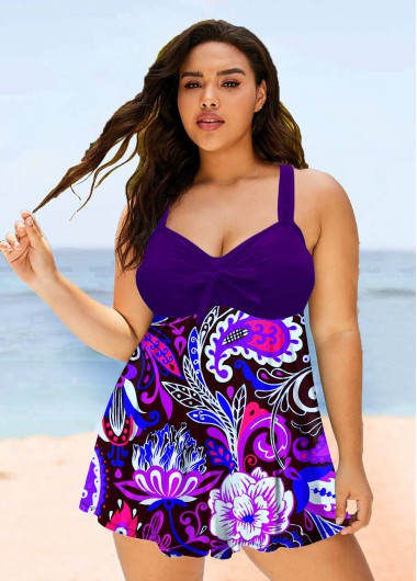 Modlily Plus Size Bowknot Printed Swimdress Top - 1X