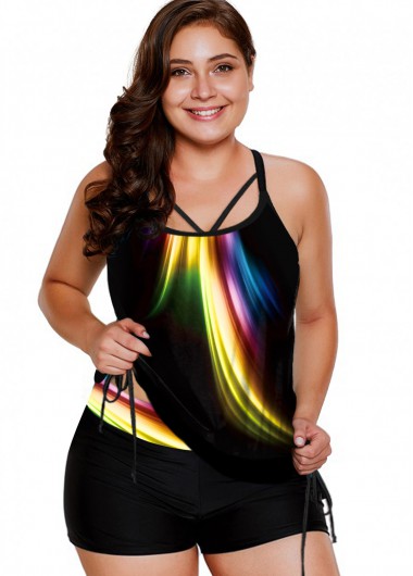 Modlily Plus Size Printed Drawstring Waist Tankini Set - 3X
