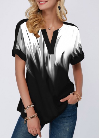 Modlily Gradient Split Neck Short Sleeve Blouse - XS