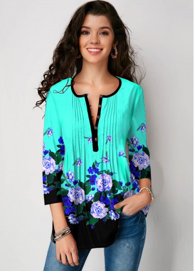 Modlily Floral Print Crinkle Chest Mint Green Blouse - XS