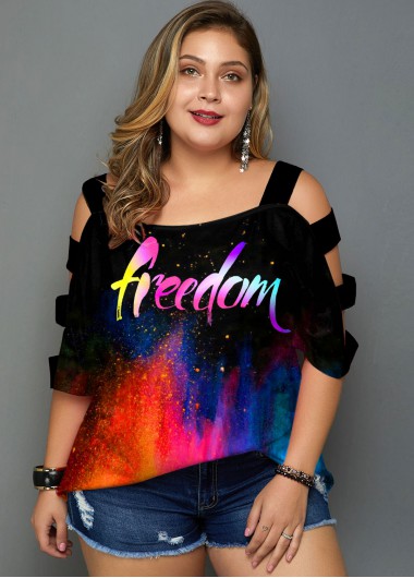 Modlily Plus Size Ladder Cutout Letter Print Rainbow Color T Shirt - 1X