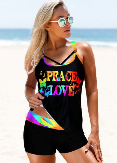 Modlily Letter Print Rainbow Color Strappy Back Tankini Set - XS
