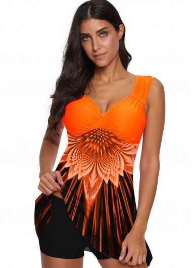 Modlily Printed Wide Strap Orange Swimdress Top - XS