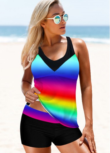 Modlily Tie Dye Print Rainbow Color Strappy Back Tankini Set - XS