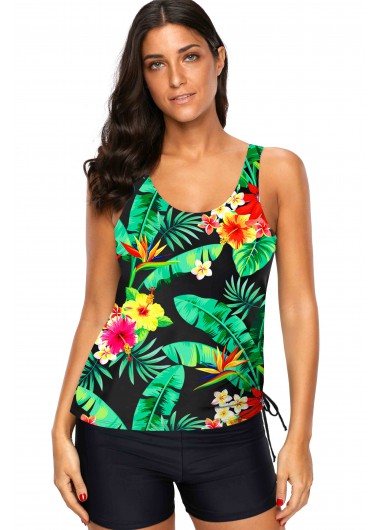 Modlily Tropical Print Drawstring Side Wide Strap Tankini Set - XS