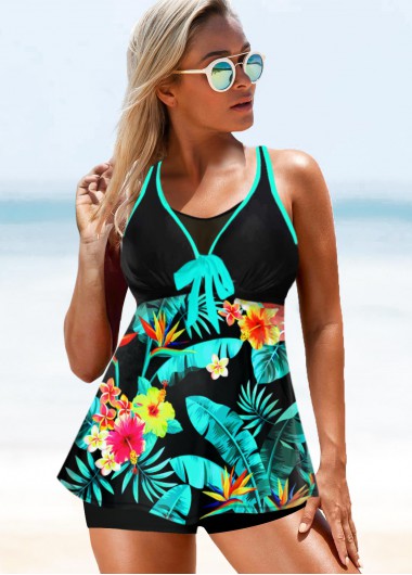 Modlily Tropical Print Double Strap Bowknot Tankini Top - XS