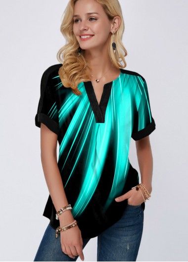 Modlily Rainbow Color Printed Split Neck Mint Green Blouse - XS