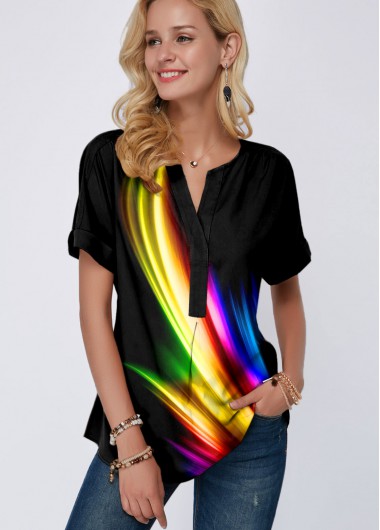 Modlily Rainbow Color Printed Split Neck Blouse - XS