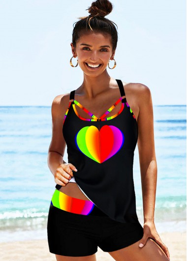 Modlily Rainbow Color Heart Print Spaghetti Strap Tankini Set - XS