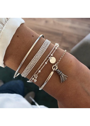 Modlily Multi Layer Tassel Silver Bracelet Set - One Size