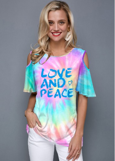 Modlily Tie Dye Cold Shoulder Letter Print T Shirt - XS