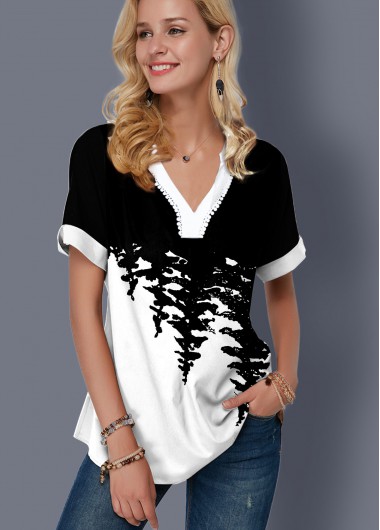 Modlily Printed Split Neck Color Block Blouse - XS