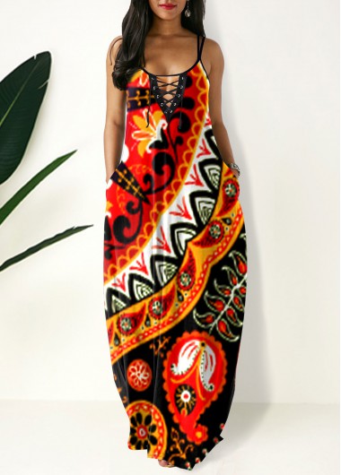 Modlily Tribal Print Spaghetti Strap Side Pocket Maxi Dress - XL