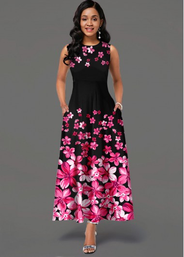 Floral Print Side Pocket Sleeveless Maxi Dress - L