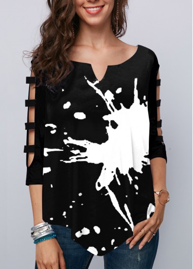 Modlily Printed Ladder Cutout Sleeve Asymmetric Hem T Shirt - XS