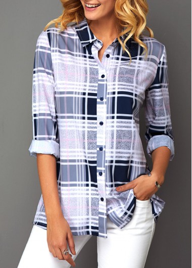 Modlily Plaid Print Button Front Turndown Collar Blouse - S