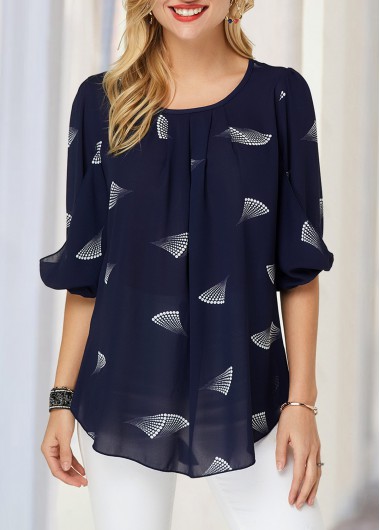 Modlily Printed Blouson Sleeve Navy Blue Blouse - XS