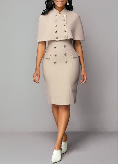 Button Detail Cap Shoulder Top and Back Slit Dress - L