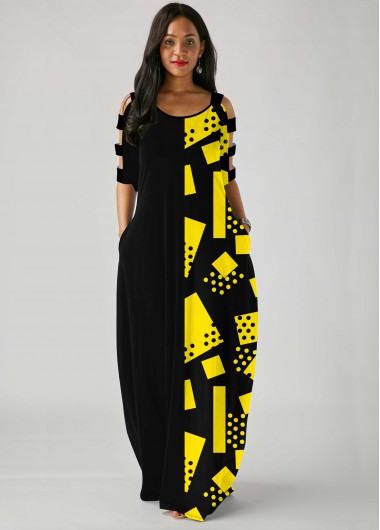 Modlily Geometric Print Ladder Cutout Sleeve Side Pocket Maxi Dress - L