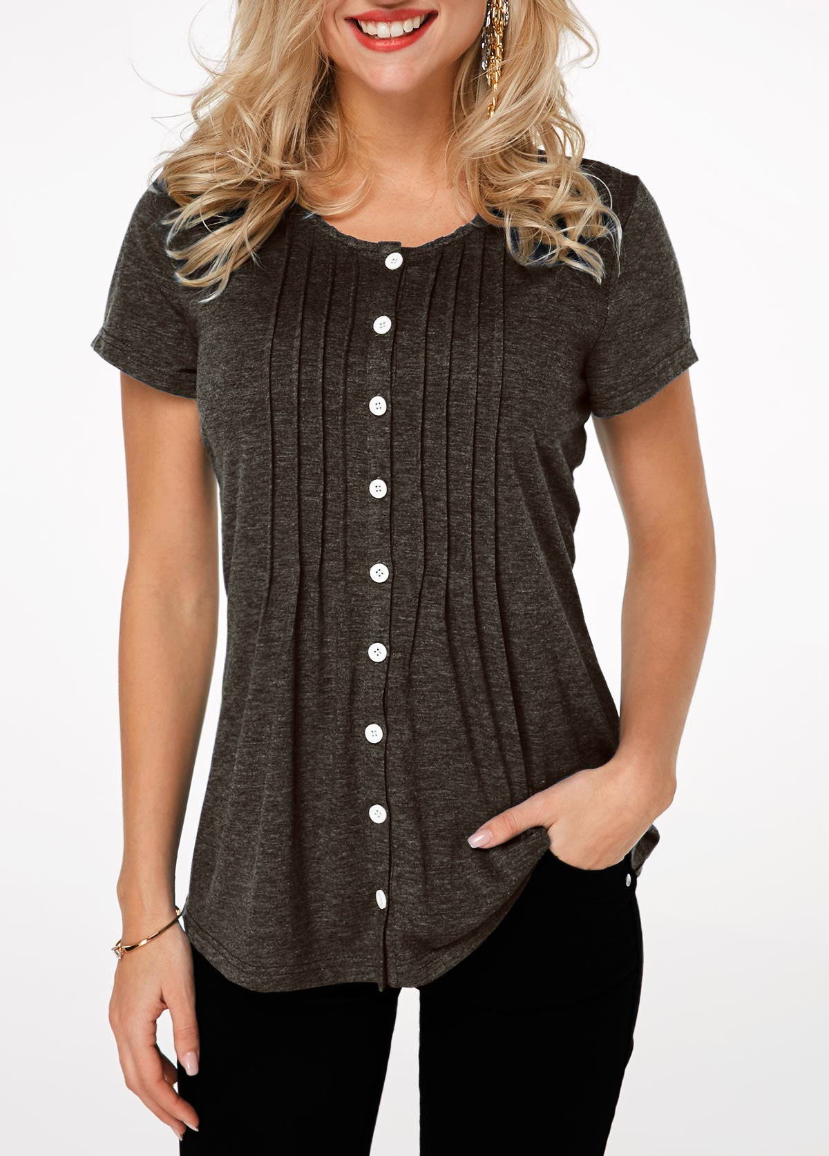 Button Up Pleated Short Sleeve T Shirt