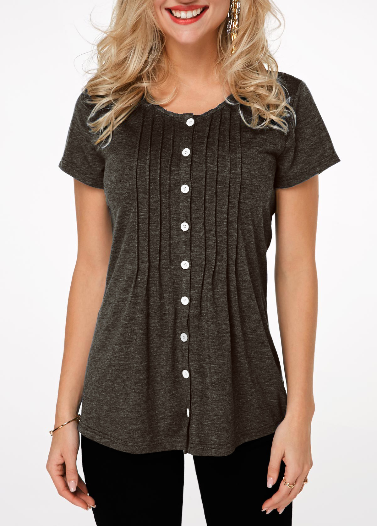 Button Up Pleated Short Sleeve T Shirt