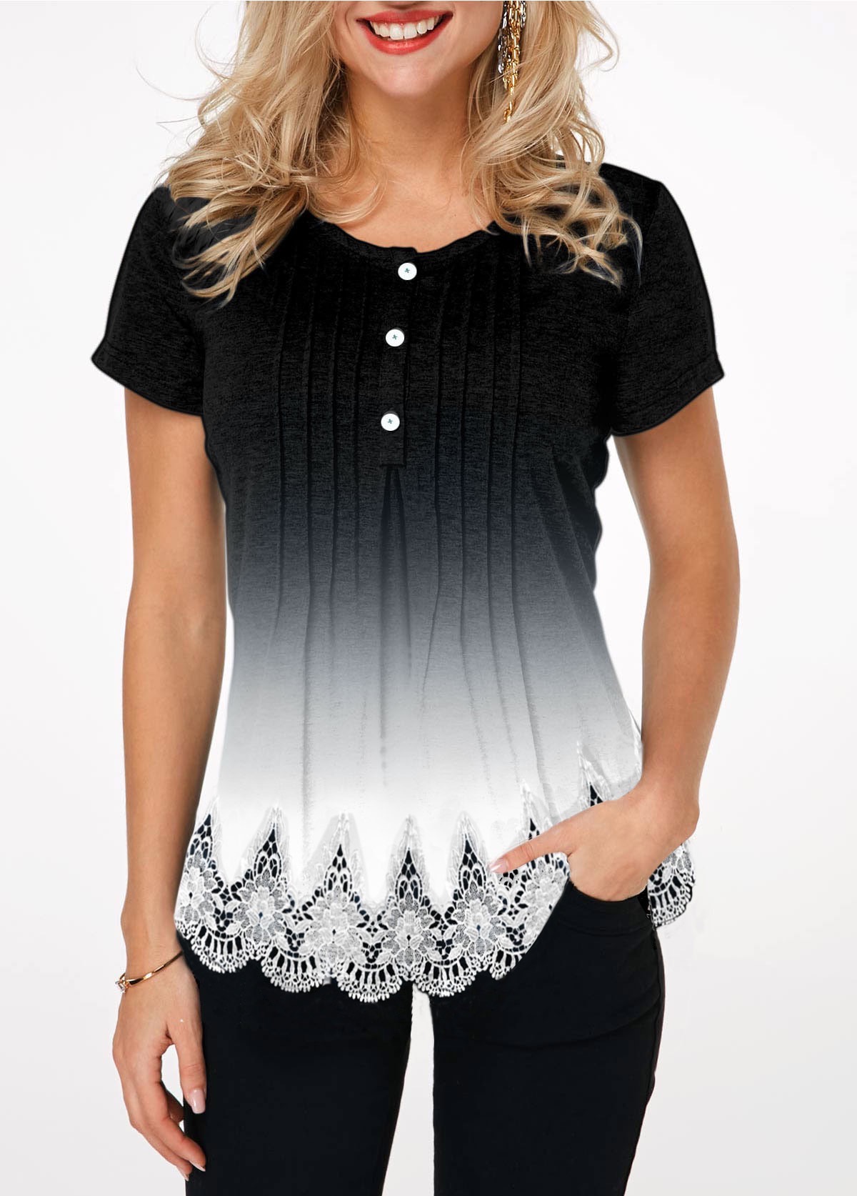 Gradient Lace Hem Button Detail T Shirt | picture 