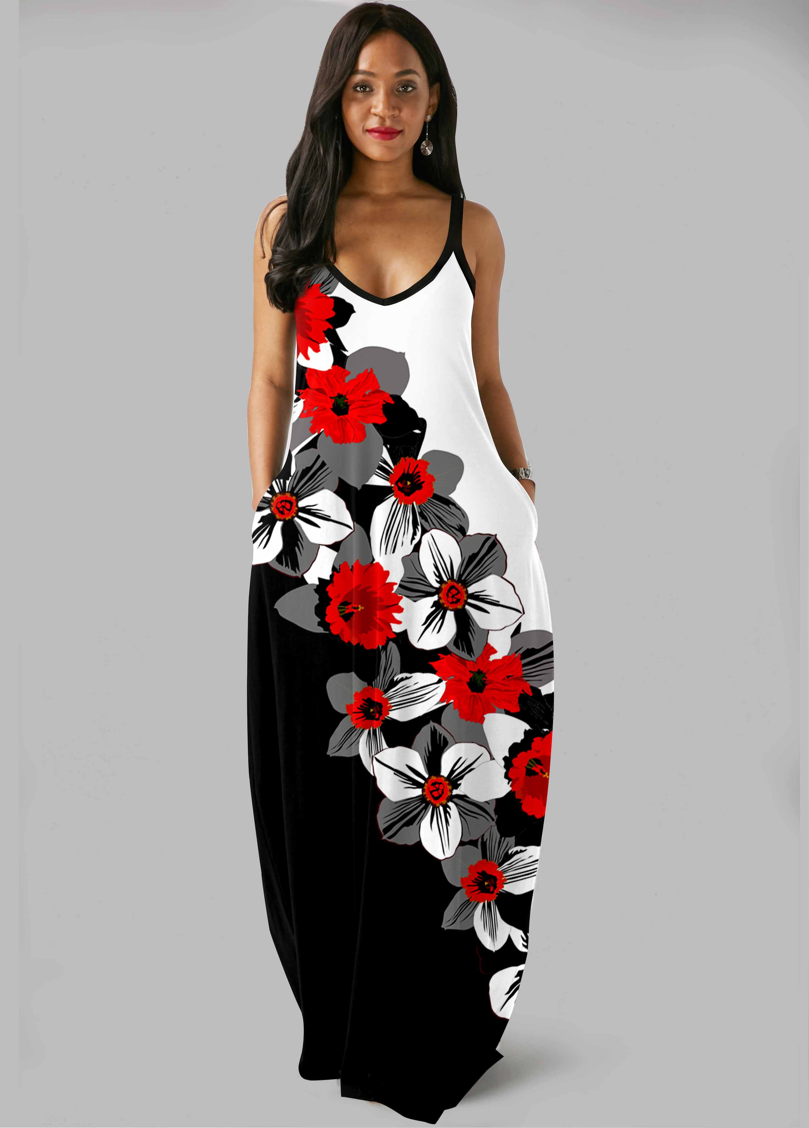 Color Block Floral Print Side Pocket Maxi Dress