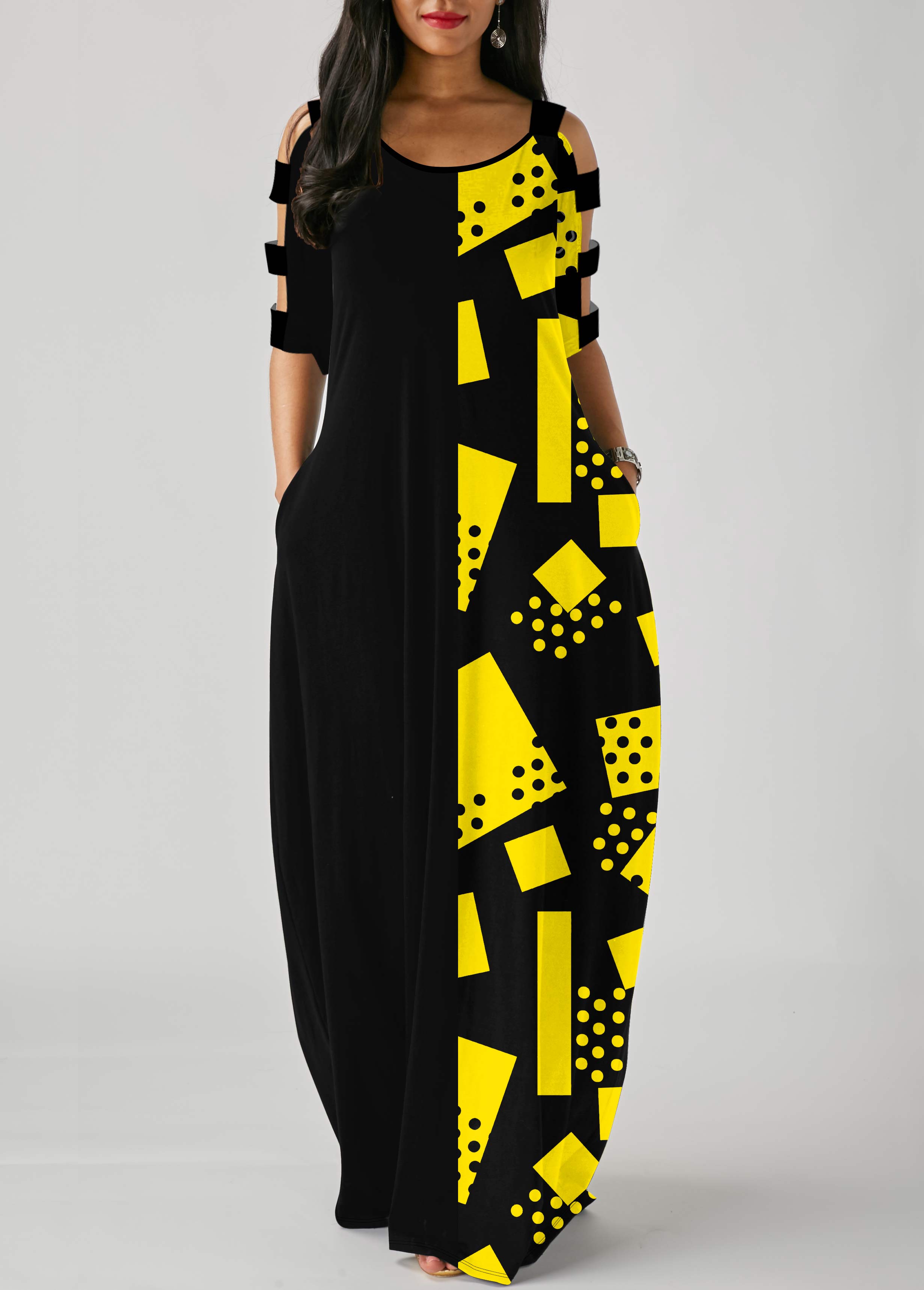 Geometric Print Ladder Cutout Sleeve Side Pocket Maxi Dress