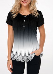 Gradient Lace Hem Button Detail T Shirt